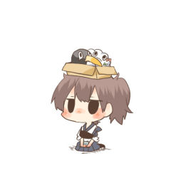 Rule 34 | 10s, 1girl, bird, black eyes, blush, box, brown hair, chibi, cloud, doll, failure penguin, kaga (kancolle), kantai collection, lowres, miss cloud, object on head, penguin, rebecca (keinelove), short hair, side ponytail, simple background, sitting, white background