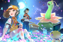 Rule 34 | 1boy, 1girl, backpack, backwards hat, bag, baseball cap, beautifly, black gloves, blue flower, brown eyes, brown hair, camera, commentary request, creatures (company), eyelashes, fingerless gloves, flower, game freak, gen 2 pokemon, gen 3 pokemon, gloves, gonzarez, hat, highres, holding, holding camera, jacket, jamie (pokemon), looking to the side, meganium, moon, neo-one, new pokemon snap, night, nintendo, open mouth, outdoors, pants, pantyhose, petals, pichu, pokemon, pokemon (creature), purple flower, river (pokemon), shoes, short sleeves, sitting, sky, striped clothes, striped pantyhose, teeth, tongue, upper teeth only, visor cap