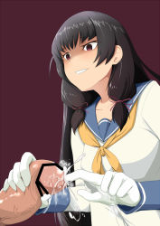 Rule 34 | 1girl, black hair, censored, cum, empty eyes, femdom, fingering, forced, gloves, grin, highres, penis grab, kozy, long hair, low twintails, penis, short twintails, simple background, smile, twintails, urethral fingering, urethral insertion, veins, veiny penis, white gloves