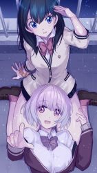 Rule 34 | 2girls, :d, bow, bowtie, cardigan, collared shirt, commentary request, cropped, dress shirt, gridman universe, hand on another&#039;s thigh, lap pillow, loafers, lying, multiple girls, night, niina ryou, on back, open mouth, pleated skirt, pointing, railing, school uniform, scrunchie, shading eyes, shinjou akane, shirt, shoes, sitting, skirt, smile, socks, ssss.gridman, takarada rikka, tile floor, tiles, wariza, white shirt, wrist scrunchie