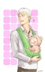 Rule 34 | 10s, 1boy, 1girl, baby, carrying, crying, father and daughter, flying sweatdrops, mado akira, mado kureo, open mouth, short hair, sweatdrop, tears, tokyo ghoul, white hair, aged down