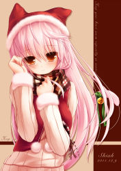 Rule 34 | 1girl, animal ears, bell, cat ears, cat tail, english text, hand on own face, hat, highres, long hair, original, pink hair, pom pom (clothes), red eyes, ribbon, scarf, shia flatpaddy, solo, sweater, syroh, tail, tail bell, tail ornament, tail ribbon