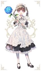 Rule 34 | 1girl, :d, apron, black dress, black footwear, blue flower, brown hair, collared dress, commentary request, dress, flower, frilled apron, frilled dress, frilled shirt collar, frills, full body, highres, holding, holding flower, hydrangea, juliet sleeves, long sleeves, looking at viewer, maid, maid apron, maid headdress, mary janes, mintchoco (orange shabette), neck ribbon, open mouth, original, pantyhose, puffy sleeves, purple eyes, ribbon, shoes, smile, solo, standing, teeth, twintails, upper teeth only, white apron, white background, white pantyhose, white ribbon