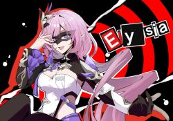 1girl amamiya_ren amamiya_ren_(cosplay) black_background black_gloves blue_eyes breasts character_name chinese_commentary cleavage clothing_cutout commentary_request corset cosplay elf elysia_(honkai_impact) elysia_(miss_pink_elf)_(honkai_impact) eye_mask faber_fubei gloves hair_ornament highres honkai_(series) honkai_impact_3rd large_breasts long_hair open_mouth parody persona persona_5 pink_hair pointy_ears side_cutout single_glove solo white_corset