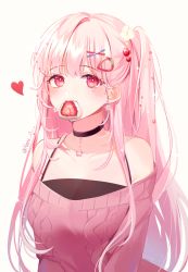 Rule 34 | 1girl, aran sweater, bare shoulders, black choker, blush, breasts, cable knit, choker, collarbone, daifuku, earrings, fang, flower, flower earrings, food, food-themed hair ornament, food in mouth, fruit, hair flower, hair ornament, hairclip, heart, highres, ichigo daifuku, jewelry, long hair, looking at viewer, medium breasts, mouth hold, naru 0, off-shoulder sweater, off shoulder, one side up, original, pink hair, pink sweater, red eyes, simple background, solo, strawberry, strawberry hair ornament, sweater, twitter username, upper body, very long hair, wagashi, white background, white flower, x hair ornament