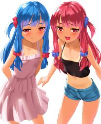 Rule 34 | 2girls, :3, :d, arms behind back, bare shoulders, black shirt, blue hair, blue shorts, blush, breasts, closed mouth, collarbone, crop top, dress, furrowed brow, hair ornament, hair scrunchie, highres, kotonoha akane, kotonoha aoi, kurione (zassou), long hair, looking at viewer, multiple girls, navel, open mouth, pink dress, pink eyes, pink hair, pink scrunchie, purple scrunchie, scrunchie, shirt, shorts, siblings, simple background, sisters, small breasts, smile, tan, tank top, tanline, voiceroid, white background