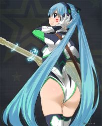 Rule 34 | 1girl, ass, blue eyes, blue hair, bodysuit, breasts, eden&#039;s zero, gaston18, gloves, guitar, headphones, hermit mio, highres, instrument, legs, long hair, looking at viewer, small breasts, star (symbol), thighs, white gloves