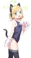 Rule 34 | 1girl, absurdres, animal ear headphones, animal ears, animal hands, black thighhighs, blonde hair, blue archive, blush, breasts, bright pupils, cat paws, commentary, covered navel, fake animal ears, from side, green eyes, halo, hand up, headphones, highres, kandori, looking at viewer, midori (blue archive), notice lines, open mouth, school swimsuit, short hair, simple background, slit pupils, small breasts, solo, sweat, swimsuit, symbol-only commentary, tail, teeth, thighhighs, upper teeth only, white background, white pupils