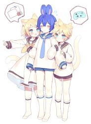 Rule 34 | 1girl, 2boys, :3, :o, animal ears, aqua eyes, black sailor collar, black shorts, blonde hair, blue eyes, blue hair, blue nails, blue necktie, blue sailor collar, blue shorts, blush, boy and girl sandwich, cat ears, cat tail, closed eyes, closed mouth, controller, crayon, dress, fang, flying sweatdrops, full body, game controller, grabbing another&#039;s arm, hair ornament, hairclip, highres, kagamine len, kagamine rin, kaito (vocaloid), long sleeves, mogu (wy5xrt7w), multiple boys, nail polish, necktie, no shoes, open mouth, outstretched arm, paper, pointing, rabbit ears, sailor collar, sandwiched, shirt, short hair, shorts, simple background, sleeves past wrists, socks, spoken object, standing, sweat, tail, vocaloid, white background, white dress, white shirt, white socks, yellow nails