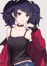 Rule 34 | 1girl, bare shoulders, black shirt, blue shorts, blunt bangs, breasts, camisole, choker, collarbone, diagonal bangs, ear piercing, earrings, highres, idolmaster, idolmaster shiny colors, jacket, jewelry, long hair, long sleeves, looking at viewer, midriff peek, multicolored nails, nail polish, off shoulder, open clothes, open jacket, piercing, purple eyes, purple hair, red jacket, shirt, short shorts, shorts, simple background, small breasts, smile, solo, spaghetti strap, takagaki eru, tanaka mamimi, tongue, tongue out, twintails, upper body