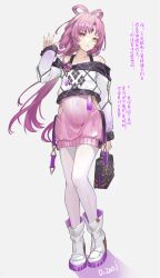 Rule 34 | 1girl, :o, alternate costume, bag, bare shoulders, boots, brooch, casual, chinese text, do2mi doreimi, dress, forehead jewel, fu xuan (honkai: star rail), full body, gem, hair rings, hand up, handbag, highres, hip vent, holding, honkai: star rail, honkai (series), jewelry, long hair, looking at viewer, low twintails, off-shoulder shirt, off shoulder, open mouth, panties, panty peek, pantyhose, parted bangs, pink dress, pink hair, pleated dress, purple gemstone, shirt, shirt overhang, short dress, solo, standing, translation request, twintails, underwear, white footwear, white panties, white pantyhose, white shirt, yellow eyes