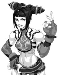 Rule 34 | 1girl, :p, bare shoulders, bracelet, capcom, chinese clothes, drill hair, dudou, fingerless gloves, gloves, greyscale, halterneck, han juri, jewelry, midriff, monochrome, muscular, oetaro, simple background, solo, spiked bracelet, spikes, street fighter, street fighter iv (series), toned, tongue, tongue out, twin drills