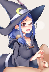 Rule 34 | 10s, 1boy, 1girl, bad id, bad pixiv id, blue hair, blush, breasts, choker, cleavage, cum, cum on body, cum on upper body, glasses, handjob, hat, hetero, kippuru, large breasts, little witch academia, open mouth, penis, precum, red eyes, uncensored, ursula callistis, witch, witch hat