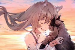 Rule 34 | 1girl, :d, animal, animal ear fluff, arknights, backlighting, bandaged arm, bandages, bare shoulders, blush, brown hair, closed eyes, collarbone, crying, evening, floating hair, happy tears, highres, holding, holding animal, lens flare, long hair, material growth, mio1914, ocean, open mouth, orange sky, original, oripathy lesion (arknights), outdoors, sky, smile, solo, sunlight, tears, upper body, water, wind