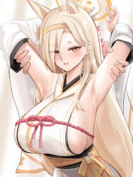 Rule 34 | 1girl, animal ears, arm grab, armpits, arms up, blonde hair, blue archive, breasts, commentary request, detached sleeves, hair over one eye, hairband, halo, highres, japanese clothes, kaho (blue archive), kimono, large breasts, long hair, looking at viewer, neneru, open mouth, orange hairband, solo focus, sweat, upper body, white kimono, white sleeves, wide sleeves, yellow eyes
