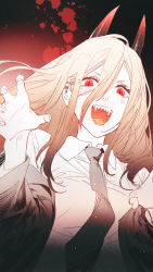 Rule 34 | + +, 1girl, black necktie, blood, business suit, chainsaw man, collared shirt, cross-shaped pupils, crosshair pupils, demon girl, demon horns, formal, hair between eyes, highres, horns, long hair, looking at viewer, necktie, open mouth, pink hair, power (chainsaw man), red background, red eyes, red horns, rella, sharp teeth, shirt, shirt tucked in, solo, suit, symbol-shaped pupils, teeth, upper body, white shirt