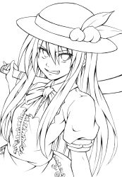 Rule 34 | 1girl, female focus, greyscale, grin, hat, highres, hinanawi tenshi, lineart, looking at viewer, monochrome, nora wanko, smile, solo, touhou