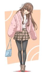 Rule 34 | .live, 1girl, absurdres, ankle boots, bag, black pantyhose, blush, boots, brown footwear, brown hair, brown skirt, coat, commentary request, full body, fuusuke (fusuke208), hair ribbon, handbag, head tilt, highres, holding, holding bag, holding handbag, light blush, long hair, long sleeves, looking at viewer, miniskirt, open clothes, open coat, open mouth, outside border, pantyhose, pink coat, plaid, plaid skirt, red eyes, ribbon, shirt, skirt, sleeves past wrists, smile, solo, standing, virtual youtuber, white ribbon, white shirt, yaezawa natori