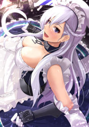 Rule 34 | 1girl, azur lane, bad id, bad pixiv id, belfast (azur lane), blue eyes, blush, braid, breasts, cannon, chain, cleavage, collar, female focus, french braid, from above, gloves, kanzaki kureha, large breasts, long hair, long skirt, looking at viewer, looking back, maid, maid headdress, purple hair, skirt, solo, standing, weapon, white hair