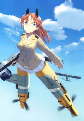 Rule 34 | 1girl, absurdres, aircraft, airplane, animal ears, blue eyes, brown hair, cloud, day, edytha neumann, flying, glasses, gun, highres, long hair, machine gun, military, military uniform, non-web source, official art, shimada fumikane, sky, solo, striker unit, tail, uniform, weapon, witches of africa, world witches series
