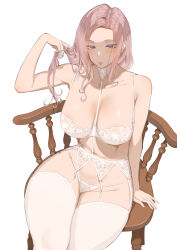 Rule 34 | 1girl, blush, bra, breasts, chair, curvy, garter belt, highres, large breasts, lingerie, maid, original, panties, purple eyes, rosemary (throtem), simple background, sitting, solo, thick thighs, thighhighs, thighs, throtem, underwear, white background, wide hips