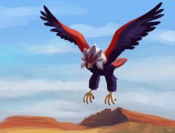 Rule 34 | animal focus, bird, blue sky, braviary, claws, cloud, cloudy sky, creature, creatures (company), day, flying, full body, game freak, gen 5 pokemon, nintendo, nnchan, no humans, outdoors, pokemon, pokemon (creature), sky, solo