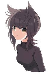Rule 34 | 1girl, black bodysuit, black hair, bodysuit, breasts, brown eyes, closed mouth, cropped torso, hair flaps, hatsuzuki (kancolle), highres, kantai collection, looking at viewer, medium breasts, medium hair, sayuwan, simple background, solo, turtleneck, upper body, white background