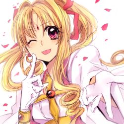 Rule 34 | 1990s (style), 1girl, :p, blonde hair, blush, cross, earrings, gloves, jewelry, kaitou jeanne, kamikaze kaitou jeanne, kusakabe maron, long hair, outstretched hand, petals, pink eyes, pocky1202, ponytail, solo, tongue, tongue out, white gloves, wink