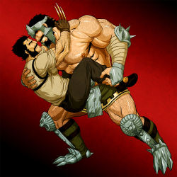 Rule 34 | 2boys, arm hair, armor, arms around neck, bara, bare pectorals, black hair, bulge, bulge to ass, carrying, carrying person, chest hair, couple, eye contact, full body, greaves, grin, hairy, hercules (marvel), highres, imminent penetration, large pectorals, leg hair, loincloth, looking at another, male focus, marvel, mature male, multiple boys, muscular, muscular male, mutton chops, nipples, old, old man, pectorals, short hair, size difference, smile, spread legs, thick thighs, thighs, vambraces, wolverine (x-men), wrinkled skin, x-men, yaoi, zelo-lee