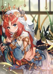 Rule 34 | 1girl, absurdres, blue bow, blue eyes, blush, bow, brooch, circlet, closed mouth, clothing cutout, crop top, detached sleeves, forehead jewel, genshin impact, gold trim, guzangnanfeng, harem outfit, highres, horns, jewelry, leaning forward, long hair, long sleeves, looking afar, low twintails, navel, neck ring, nilou (genshin impact), puffy long sleeves, puffy sleeves, red hair, shrug (clothing), skirt, stomach, twintails, twitter username, vambraces, veil, vision (genshin impact)