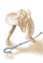 Rule 34 | 1girl, benzama, blonde hair, blush, boots, braid, brown footwear, dress, final fantasy, final fantasy tactics, gradient background, hair over shoulder, highres, hood, long hair, pantyhose, robe, solo, staff, twin braids, twintails, weapon, white background, white mage, white mage (fft), white mage (final fantasy)
