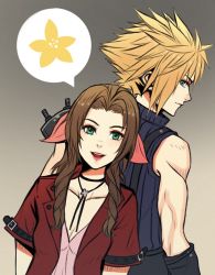 Rule 34 | 1boy, 1girl, aerith gainsborough, armor, back-to-back, belt, blonde hair, blue eyes, blue shirt, choker, cloud strife, dress, final fantasy, final fantasy vii, final fantasy vii remake, flower, gloves, gradient background, green eyes, grey background, hair ribbon, highres, jacket, jewelry, looking at viewer, looking back, lukrevadraws, necklace, open mouth, parted bangs, pink dress, pink ribbon, red jacket, ribbon, shirt, short hair, short sleeves, shoulder armor, sidelocks, sleeveless, sleeveless turtleneck, smile, speech bubble, spiked hair, square enix, suspenders, turtleneck, upper body, wavy hair, yellow flower