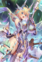 Rule 34 | 1girl, :d, ahoge, aqua eyes, blonde hair, blush, breasts, colored inner hair, commentary request, gauntlets, groin, hair between eyes, headgear, highres, holding, holding scythe, holding weapon, large breasts, looking at viewer, mecha musume, multicolored hair, official art, open mouth, original, pink hair, scythe, smile, solo, sophia f shirring, sword, takamine nadare, thighs, two-tone hair, weapon