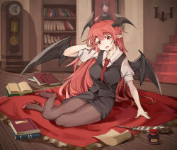 Rule 34 | 1girl, :o, absurdres, ahoge, arm support, bat wings, black pantyhose, black skirt, black vest, blurry, blurry background, blush, book, book stack, bookshelf, breasts, candle, caris 06, clock, collarbone, collared shirt, depth of field, dot nose, dress shirt, grandfather clock, hair between eyes, hand in own hair, head wings, high heels, highres, inkwell, koakuma, long hair, looking at viewer, medium breasts, necktie, open book, open mouth, pantyhose, pointy ears, portrait (object), puffy short sleeves, puffy sleeves, quill, red eyes, red footwear, red hair, red necktie, rug, sconce, shirt, short sleeves, sitting, skirt, skirt set, stairs, teeth, touhou, upper teeth only, very long hair, vest, white shirt, wings, wooden floor, yokozuwari