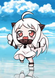 Rule 34 | 10s, 1girl, :3, :d, absurdres, abyssal ship, ahoge, chibi, day, full body, highres, horns, kantai collection, long hair, looking at viewer, mittens, northern ocean princess, ocean, open mouth, outstretched arms, pale skin, red eyes, ron (hengyep), sky, smile, solo, spread arms, standing, standing on one leg, white hair