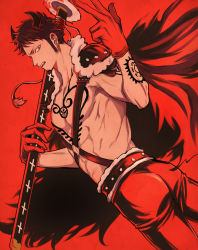 Rule 34 | 1boy, alternate costume, bad id, bad pixiv id, coat, facial hair, from behind, fur coat, gloves, holding, holding sword, holding weapon, horns, looking at viewer, looking back, male focus, one piece, red background, red theme, sheath, sheathed, shido, solo, sword, tattoo, topless male, trafalgar law, weapon