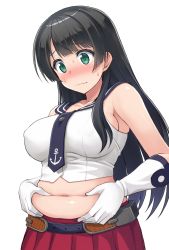 Rule 34 | 1girl, agano (kancolle), anchor symbol, belly, belly grab, belt, black hair, black necktie, blush, breasts, closed mouth, commentary, covered erect nipples, cowboy shot, cropped shirt, embarrassed, frown, furrowed brow, gloves, green eyes, highres, hormone koijirou, kantai collection, large breasts, long hair, looking down, midriff, navel, necktie, pleated skirt, plump, red skirt, sailor collar, shirt, simple background, skirt, sleeveless, sleeveless shirt, solo, straight hair, sweat, sweatdrop, nervous sweating, taut clothes, taut shirt, wavy mouth, weight conscious, white background, white gloves, white shirt