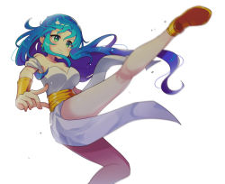 Rule 34 | 1girl, absurdres, bare shoulders, blue hair, blush, breasts, cleavage, closed mouth, dress, earrings, green eyes, high heels, highres, jewelry, incoming kick, large breasts, leg up, long hair, looking away, offbeat, puyopuyo, rulue (puyopuyo), smile, solo, white dress