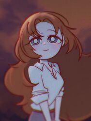 Rule 34 | 1girl, blush, bright pupils, brown hair, closed mouth, collared shirt, color8838, highres, limbus company, looking at viewer, outdoors, parted bangs, project moon, rodion (project moon), shirt, sidelocks, smile, solo, white pupils, white shirt