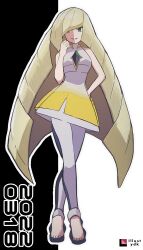 Rule 34 | 1girl, black background, blonde hair, creatures (company), diamond (shape), dress, full body, game freak, hair over one eye, hand on own hip, highres, long hair, looking at viewer, lusamine (pokemon), nintendo, pokemon, pokemon sm, sleeveless, sleeveless dress, smile, solo, toe cleavage, two-tone background, very long hair, watermark, white background, white dress, yadoki
