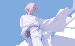 Rule 34 | 1boy, 96yottea, androgynous, arm behind back, blonde hair, blue sky, bob cut, commentary, contemporary, cowboy shot, dutch angle, floating, floating object, haikyuu!!, highres, kozume kenma, male focus, midriff, navel, outstretched arm, pants, parted bangs, shirt, shirt rolled up, short hair, sketch, sky, sleeves past fingers, sleeves past wrists, solo, standing, very long sleeves, white pants, white shirt, wind