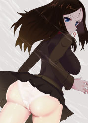 Rule 34 | 1girl, ?, absurdres, ass, black hair, black skirt, black vest, blue eyes, closed mouth, commentary, commission, cowboy shot, crotch seam, dutch angle, from behind, girls und panzer, green jacket, grey sky, highres, jacket, light frown, long hair, long sleeves, looking at viewer, looking back, makura ken, military, military uniform, miniskirt, nonna (girls und panzer), outdoors, overcast, panties, pixiv commission, pleated skirt, pravda military uniform, rain, red shirt, shirt, skirt, sky, solo, standing, swept bangs, underwear, uniform, vest, white panties, wind, wind lift