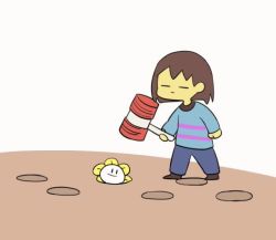 Rule 34 | 1boy, 1other, :p, androgynous, animated, blue pants, blue shirt, brown footwear, brown hair, brown pants, chara (undertale), closed eyes, closed mouth, commentary request, flower, flowey (undertale), frisk (undertale), green shirt, hammer, holding, hole, long sleeves, looking at viewer, one eye closed, pants, sasa kichi, shirt, shoes, simple background, smile, standing, tongue, tongue out, ugoira, undertale, video, whac-a-mole, white background