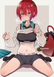 1girl absurdres amate_yuzuriha aqua_eyes aqua_shirt aqua_skirt artist_name bike_shorts black_footwear black_shorts blush breasts clothes_lift commentary_request gradient_hair gundam gundam_gquuuuuux highres large_breasts lifting_own_clothes long_sleeves multicolored_hair navel pink_hair puffy_long_sleeves puffy_sleeves pukara red_hair shirt shirt_lift short_hair shorts sitting skirt solo stomach sweater sweater_lift thighs unworn_skirt v-shaped_eyebrows wariza white_sweater