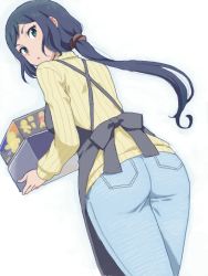 Rule 34 | 10s, 1girl, apron, ass, box, denim, drawr, from behind, gundam, gundam build fighters, holding, iori rinko, jeans, looking back, low ponytail, mattaku mousuke, mature female, oekaki, pants, parted lips, ribbed sweater, simple background, solo, sweater, turtleneck, white background