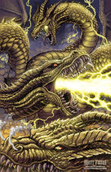Rule 34 | alien, breath weapon, breathing lightning, conjoined, dragon, electricity, energy, energy beam, forked tongue, glowing, glowing eyes, godzilla: king of the monsters, godzilla (series), highres, horns, hydra, kaijuu, king ghidorah, king ghidorah (monsterverse), legendary pictures, lightning, matt frank, monster, monsterverse, multiple heads, red eyes, smoke, storm, toho, tongue, wings