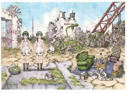 Rule 34 | 2girls, bandages, boots, building, carpet, couch, crate, day, dress, excavator, expressionless, full body, graffiti, green eyes, green hair, headphones, helmet, holding hands, inoue tomonori, looking at viewer, multiple girls, non-humanoid robot, original, outdoors, overgrown, plant, post-apocalypse, radio, record, road sign, robot, robot animal, ruins, scenery, siblings, sign, sky, smile, standing, television, tire, traffic cone, traffic light, twins, twintails, white dress, wide shot