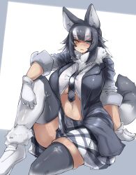 Rule 34 | 1girl, absurdres, alternate breast size, animal ears, arm rest, black hair, black thighhighs, blue eyes, breasts, buttons, curvy, fang, fur collar, fur trim, gloves, grey wolf (kemono friends), heterochromia, highres, huge breasts, jacket, kemono friends, knee up, large breasts, long hair, looking at viewer, multicolored hair, navel, necktie, no bra, open clothes, open jacket, parted bangs, partially unbuttoned, plaid necktie, shoes, skin fang, skindentation, skirt, solo, stomach, tail, thick thighs, thighhighs, thighs, two-tone hair, underboob, urisaba, white hair, wolf ears, wolf girl, wolf tail, yellow eyes, zettai ryouiki