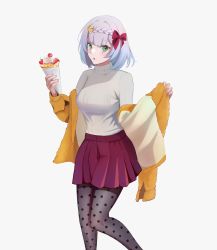 Rule 34 | 1girl, :o, alternate costume, black leggings, blue hair, blush, bow, braid, breasts, contemporary, crepe, crown braid, food, genshin impact, gradient hair, hair bow, highres, holding, holding food, hyafumi, jacket, leggings, medium breasts, multicolored hair, noelle (genshin impact), open mouth, pantyhose, red bow, red skirt, ribbed sweater, short hair, silver hair, skirt, solo, sweater, sweater jacket, white background, yellow jacket