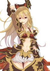 Rule 34 | 10s, 1girl, absurdres, arm up, armor, azuuru (azure0608), bad id, bad twitter id, bare shoulders, bikini armor, black bow, black thighhighs, blonde hair, bow, collarbone, cowboy shot, empty eyes, frilled skirt, frills, granblue fantasy, hair between eyes, hair bow, highres, holding, holding sword, holding weapon, long hair, looking at viewer, miniskirt, navel, orange eyes, shaded face, skirt, smile, solo, sword, thigh gap, thighhighs, vira (granblue fantasy), weapon, white skirt